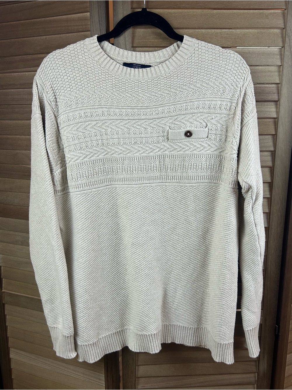 J.Crew Men’s Medium 100% Cotton Textured Knit Sweater Beige Crewneck Pocket